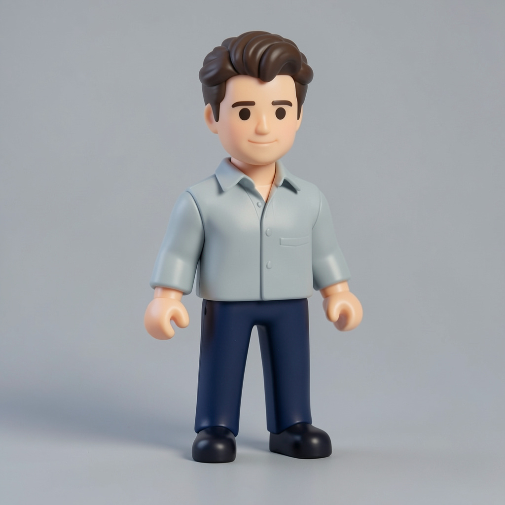 Transform into a 3D Playmobil Mini Toy Figure, Smooth Plastic Texture, Solid Background Photo Style